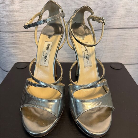 Jimmy Choo Metallic Silver Strappy Stiletto Heels Size 39.5 - Picture 1 of 4